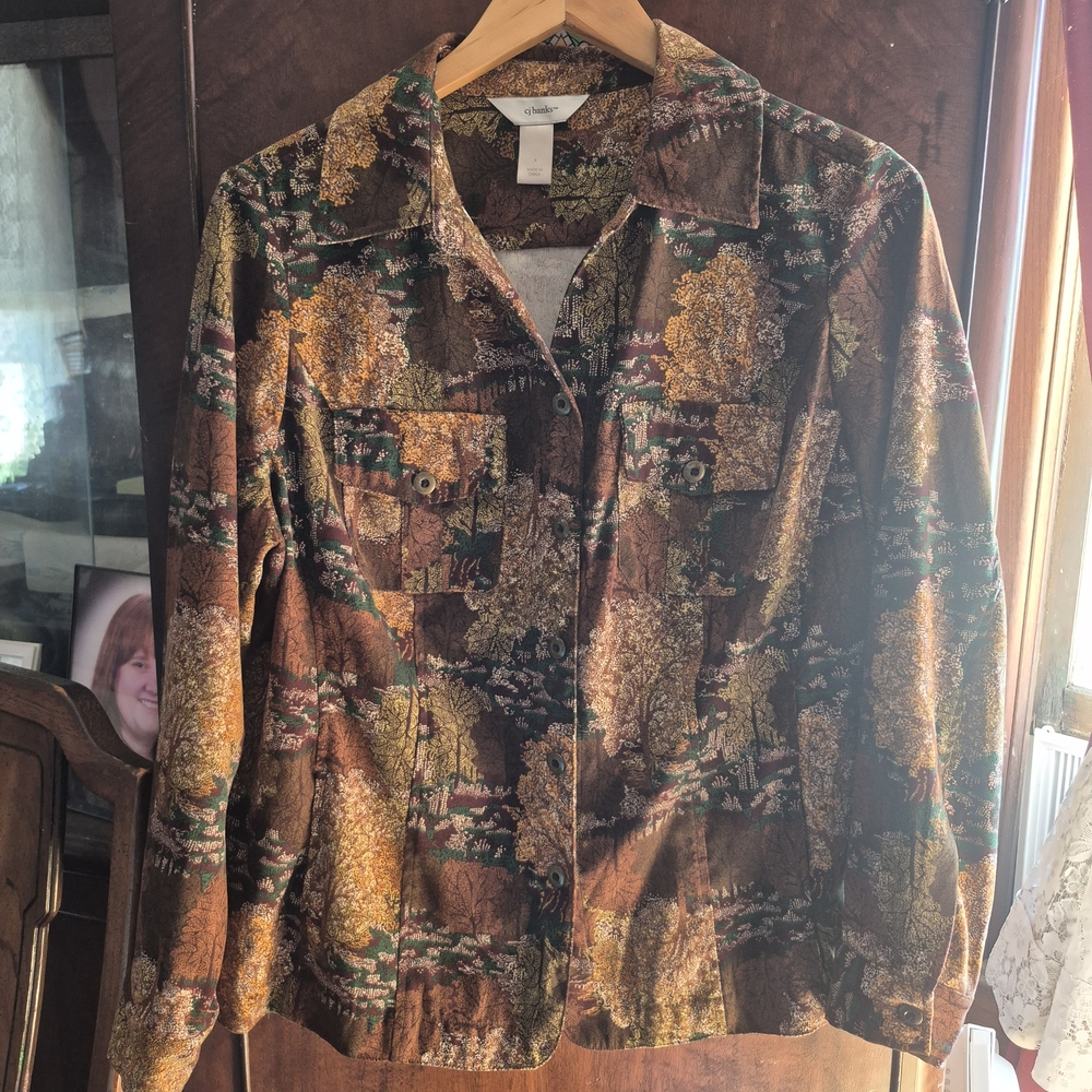 CJ Banks Brown and Green Patterned Button-Front Shirt Jacket